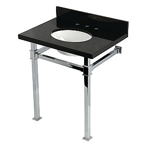 Kingston Brass KVPK30KOQ1 Monarch 30" Black Granite Console Sink with Stainless Steel Legs (8-Inch - 3-Hole) - Black Granite/Polished Chrome
