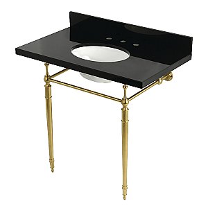 Kingston Brass KVPK3622K87 Edwardian 36" Black Granite Console Sink with Brass Legs (8-Inch - 3-Hole) - Black Granite/Brushed Brass