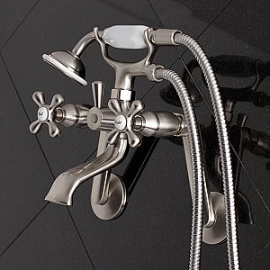 Kingston Brass KS269SN Kingston Tub Wall Mount Clawfoot Tub Faucet with Hand Shower, Brushed Nickel
