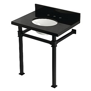 Kingston Brass KVPK30KOQ0 Monarch 30" Black Granite Console Sink with Stainless Steel Legs (8-Inch - 3-Hole) - Black Granite/Matte Black