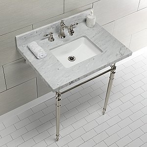 Kingston Brass KVPB3022M8SQ6 Edwardian 30" Console Sink with Brass Legs (8-Inch, 3 Hole), Marble White/Polished Nickel