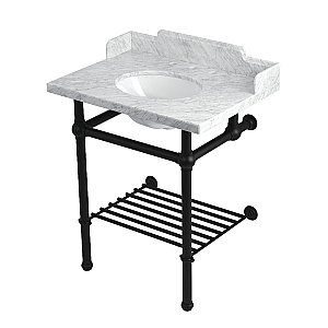 Kingston Brass LMS30MBB0 Pemberton 30" Console Sink with Brass Legs (8-Inch, 3 Hole), Marble White/Matte Black