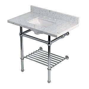 Kingston Brass KVPB36MBSQB1 Templeton 36" Console Sink with Brass Legs (8-Inch, 3 Hole), Carrara Marble/Polished Chrome