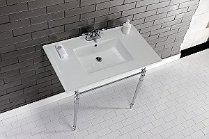 Kingston Brass KVPB37227W4CP Edwardian 37-Inch Console Sink with Brass Legs (4-Inch, 3 Hole), White/Polished Chrome