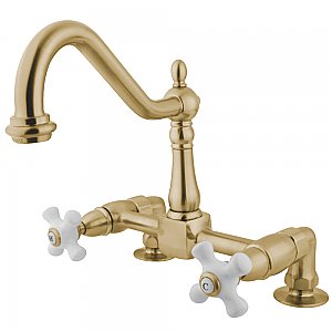 Kingston Brass KS1142PX Heritage Two-Handle Bridge Kitchen Faucet, Polished Brass